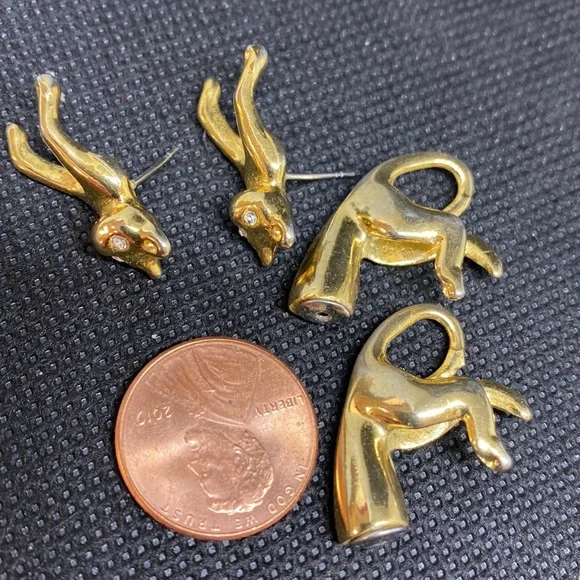 Cats earrings gold tone clear stones - Picture 7 of 12